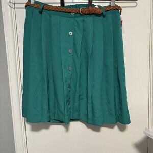 Women's Green Pleated Short Skirt With Belt L